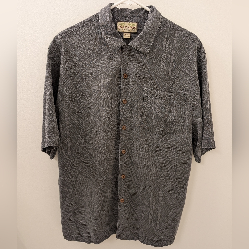 Jamaica Jaxx Gray Silk Palm Tree Pattern Men's Button Up Vintage T Shirt Medium